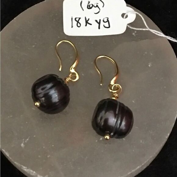 Tahitian Black Baroque Pearl Earrings 18KYG Over 925 Fine Silver - Picture 2 of 10